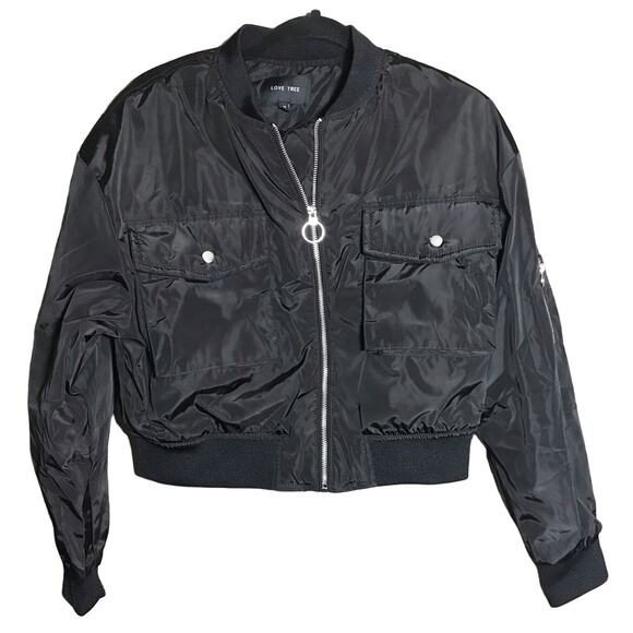 Love Tree NWT Black Cropped‎ Bomber Jacket Zip Up Pocketed Size M - Picture 1 of 8